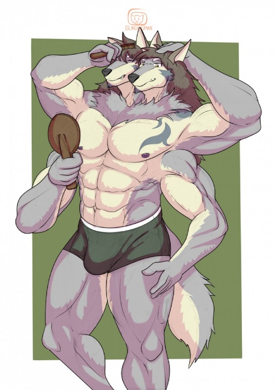 2_heads 4_arms anthro big_muscles boxer_briefs bulge clothing comb green_clothing green_underwear hair long_hair male mirror multi_arm multi_head multi_limb multifur muscular muscular_anthro muscular_male nipples personal_grooming solo standing star underwear soendapuss lifewonders tokyo_afterschool_summoners temujin_(tas) canid canine canis mammal wolf 2019 hi_res