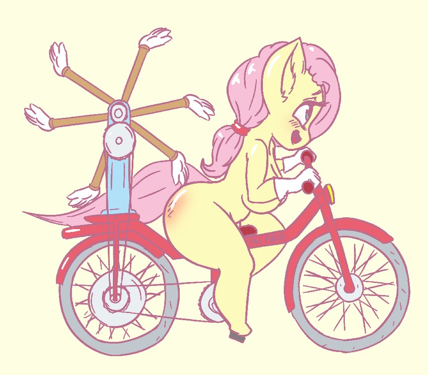 anthro anthrofied bicycle blush breasts butt butt_slap cycling female hair masochism nude pink_hair reddened_butt simple_background slap solo spanking vehicle yellow_background yellow_body snus-kun friendship_is_magic hasbro my_little_pony fluttershy_(mlp) equid equine mammal