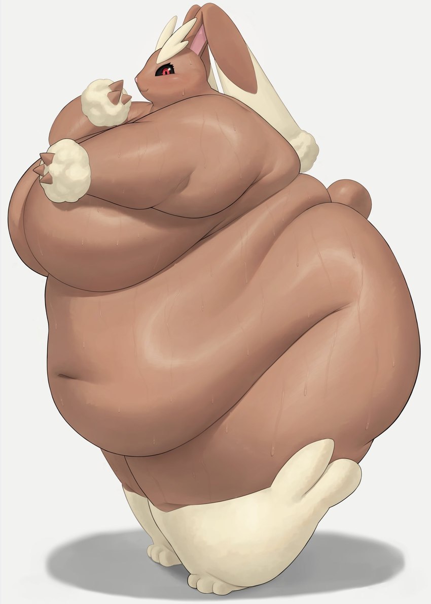 anthro belly_overhang big_breasts black_sclera blush bodily_fluids breasts brown_body brown_fur fat_rolls female floppy_ears fur huge_breasts long_ears love_handles morbidly_obese morbidly_obese_anthro morbidly_obese_female navel nude obese obese_anthro obese_female overweight overweight_anthro overweight_female red_eyes side_view solo sweat sweaty_body bellylliumu nintendo pokemon generation_4_pokemon lopunny pokemon_(species) 2025 hi_res