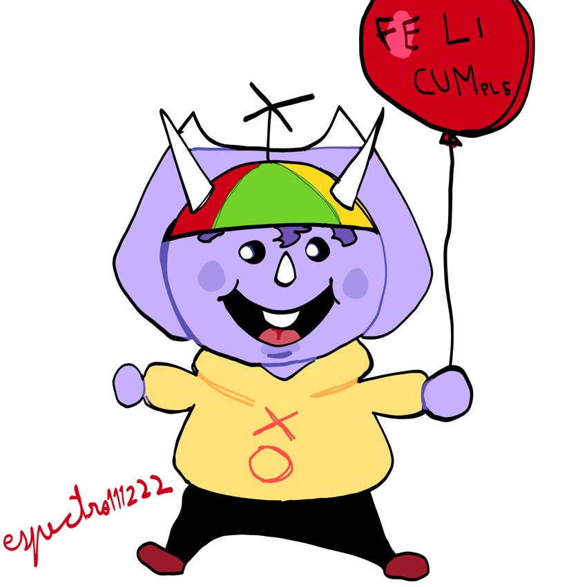 3_horns anthro balloon birthday black_eyes clothing dot_eyes facial_horn female frill_(anatomy) hair happy_birthday hat headgear headwear hoodie horn inflatable multi_horn nose_horn open_mouth open_smile propeller_hat purple_body purple_hair purple_scales scales simple_background smile solo text topwear white_background espectro111222 goodbye_volcano_high trish_(gvh) ceratopsian dinosaur ornithischian prehistoric_species reptile scalie triceratops 1:1 2024 artist_name digital_drawing_(artwork) digital_media_(artwork) hi_res signature translated