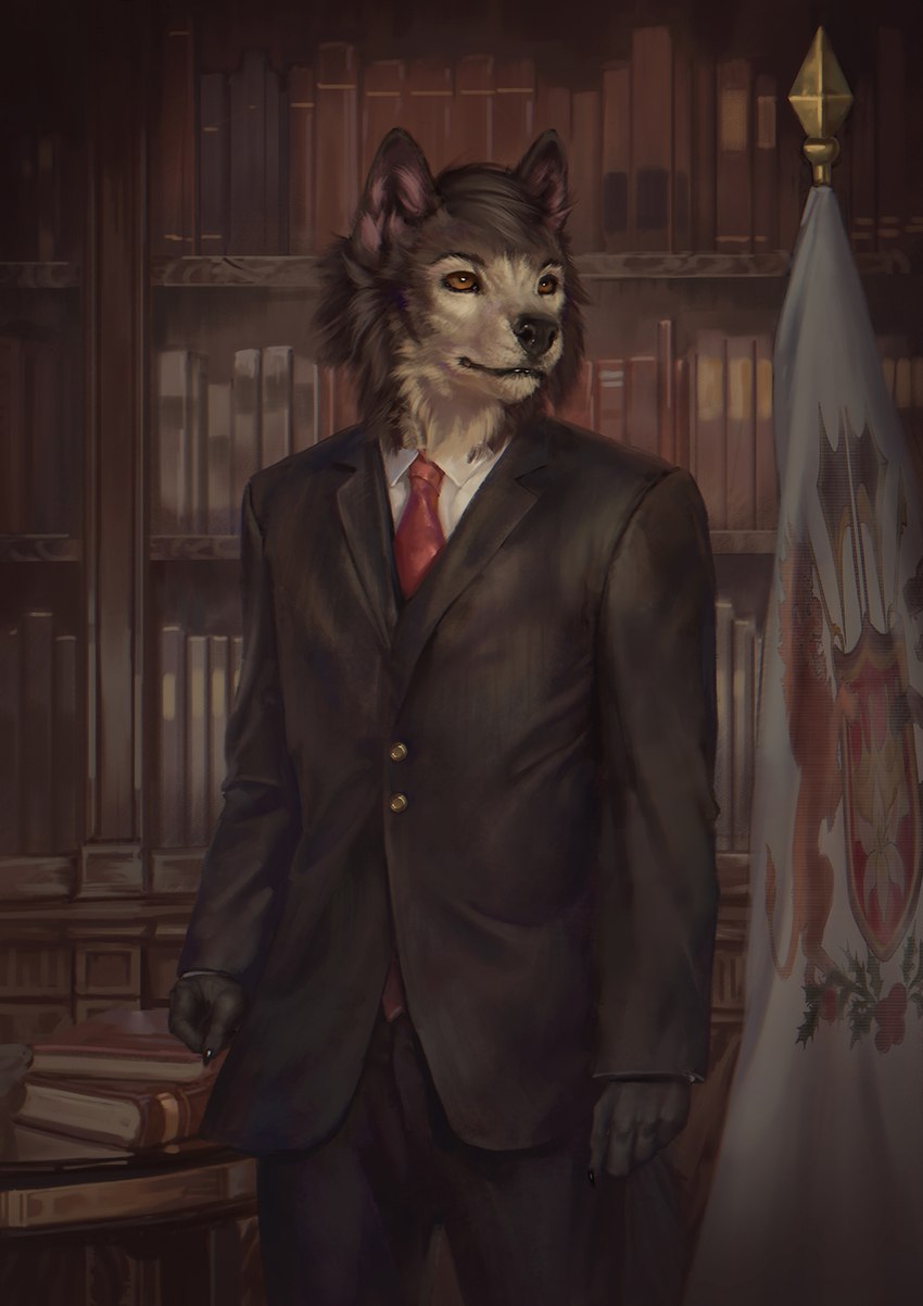 5_fingers anthro biped book bookshelf brown_eyes cheek_tuft chromatic_aberration clothed clothing coat_of_arms detailed_fur eyebrows eyelashes facial_tuft fingers flag fur furniture inside male necktie solo standing suit tuft conditional_dnp latex_(artist) quents_(quents) canid canine canis felid lion mammal pantherine wolf 2020 detailed digital_media_(artwork) hi_res picture_in_picture