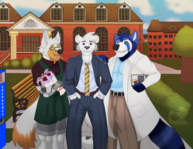 clothing college group school suit teacher rebel_nightwolfe alastair_(salerio) salerio_(character) warren_(salerio) canid canine felid fox mammal pantherine procyonid raccoon snow_leopard