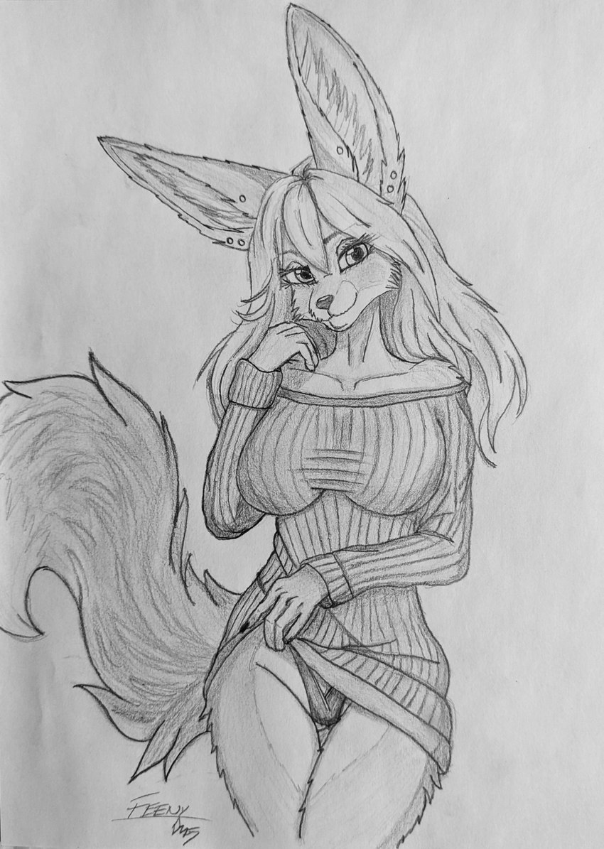 anthro big_tail clothing ear_piercing ear_stud female fluffy g-string good_girl long_ears looking_at_viewer panties panty_peek piercing solo stud_piercing sweater sweater_dress tail thong topwear underwear omgawd feeny feeny_(omgawd) canid canine fennec_fox fox mammal true_fox graphite_(artwork) hi_res monochrome pencil_(artwork) portrait three-quarter_portrait traditional_media_(artwork)