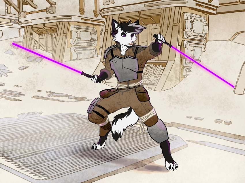 angry anthro armor bag bandage building clothing desert grill jedi lightsaber makeshift_armor male melee_weapon metal purple_lightsaber sand solo weapon jaxneesen star_wars canid canine canis domestic_dog husky mammal nordic_sled_dog spitz 4:3 absurd_res hi_res