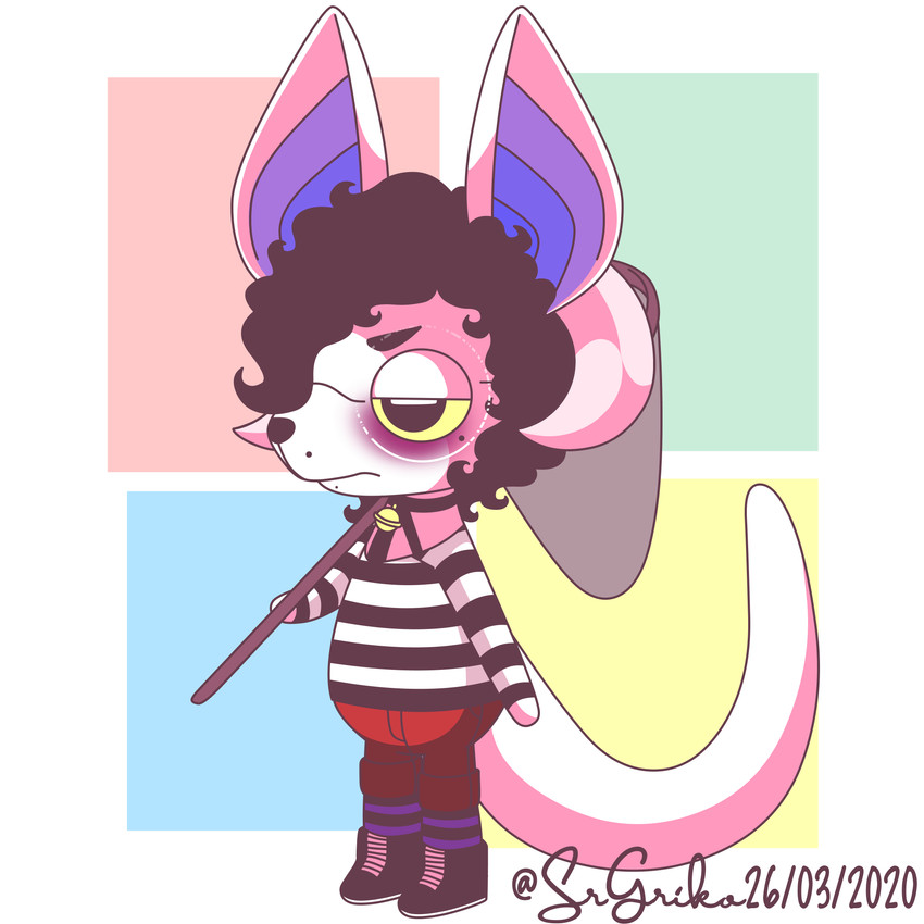 anthro bat_ears bell big_tail butterfly_net clothed clothing curled_hair eyewear fully_clothed fur glasses hair horn male markings mole_(marking) net simple_background solo standing tail upset white_body white_fur yellow_eyes srgriko animal_crossing nintendo bovid caprine mammal sheep 1:1 2020 absurd_res hi_res signature