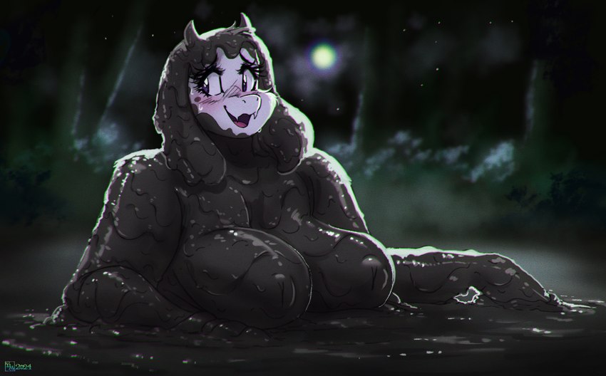 anthro bashful big_breasts blush bodily_fluids breasts eyebrows eyelashes female fur glistening horn huge_breasts inverted_nipples light mature_female moonlight mud mud_bath mud_covered muddy night nipples nude open_mouth open_smile outside purple_eyes smile solo sweat sweatdrop white_body white_fur doronkomajo undertale_(series) toriel boss_monster_(undertale) bovid caprine goat mammal 2024 hi_res