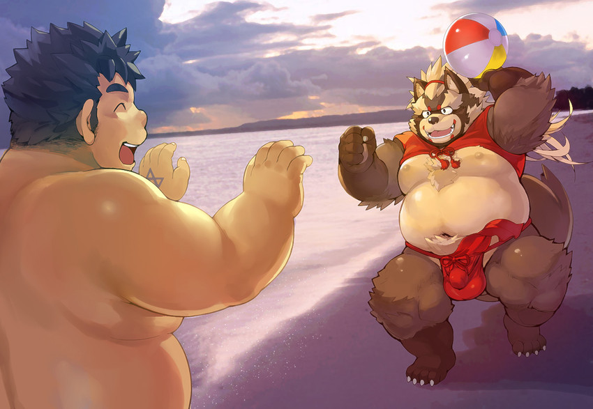 anthro balls_outline beach belly brown_body brown_fur bulge detailed_background detailed_bulge duo eyes_closed fur genital_outline humanoid_hands kemono male overweight overweight_male penis_outline seaside water nekomarudon tanukimaru lifewonders tokyo_afterschool_summoners chubby_protagonist_(tas) goemon_(tas) protagonist_(tas) canid canine mammal raccoon_dog tanuki 2021