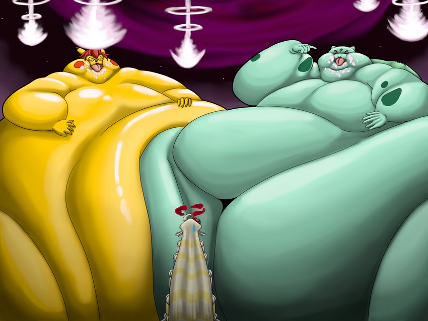 belly feeding group macro male morbidly_obese obese overweight trio wolfgerlion64 nintendo pokemon effra geoffachu bulbasaur generation_1_pokemon generation_8_pokemon gigantamax_alcremie gigantamax_pokemon pikachu pokemon_(species) 4:3 absurd_res hi_res