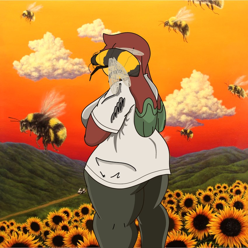 anthro big_breasts breasts butt clothed clothing female flower plant shirt simple_background slightly_chubby solo sunflower thick_thighs topwear wide_hips enderbendr flower_boy_(album) microsoft minecraft mojang xbox_game_studios samantha_(endrslendr) tyler_the_creator arthropod bee hymenopteran insect mammal sniffer 1:1 absurd_res album_cover cover digital_media_(artwork) hi_res letterbox