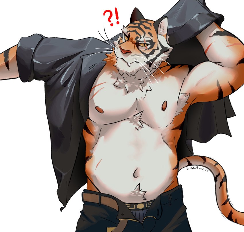 anthro armpit_hair belt biceps biped body_hair bottomwear chest_tuft clothing eye_scar facial_scar fangs interrobang looking_at_viewer male musclegut muscular navel nipples open_belt pants pubes putting_on_clothes putting_on_shirt scar scars_all_over simple_background solo standing tail teeth text tuft underwear undone_shirt whiskers white_background lunkbunn epic_games fortnite oscar_(fortnite) felid mammal pantherine tiger 2023 artist_name digital_drawing_(artwork) digital_media_(artwork) hi_res