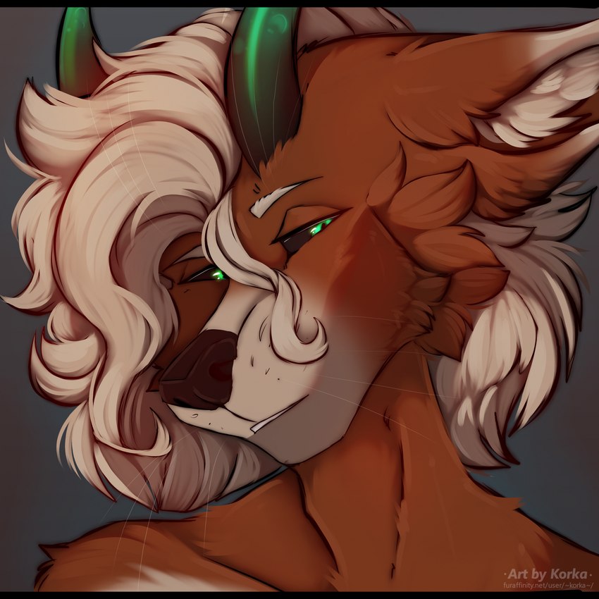 ambiguous_gender anthro black_bars black_sclera brown_body brown_fur fur green_eyes green_horn horn looking_at_viewer text whiskers korka canid canine canis mammal wolf 1:1 artist_name hi_res letterbox