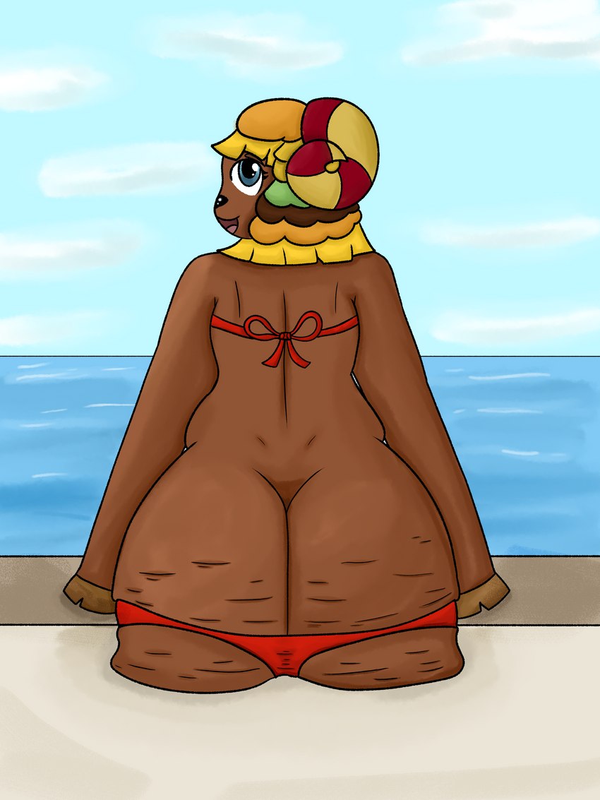 anthro big_butt butt cellulite clothing female lewdmat13 overweight overweight_female slightly_chubby slightly_chubby_female solo swimwear wardrobe_malfunction unknown_artist animal_crossing nintendo frita_(animal_crossing) bovid bovine caprine mammal sheep 3:4 absurd_res hi_res