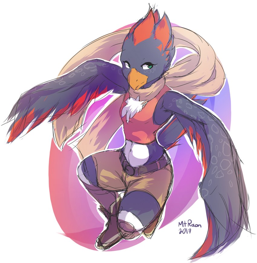 anthro beak belt bottomwear chest_tuft clothed clothing feathered_wings feathers female footwear green_eyes midriff shorts solo tuft winged_arms wings mtraon avian bird hi_res