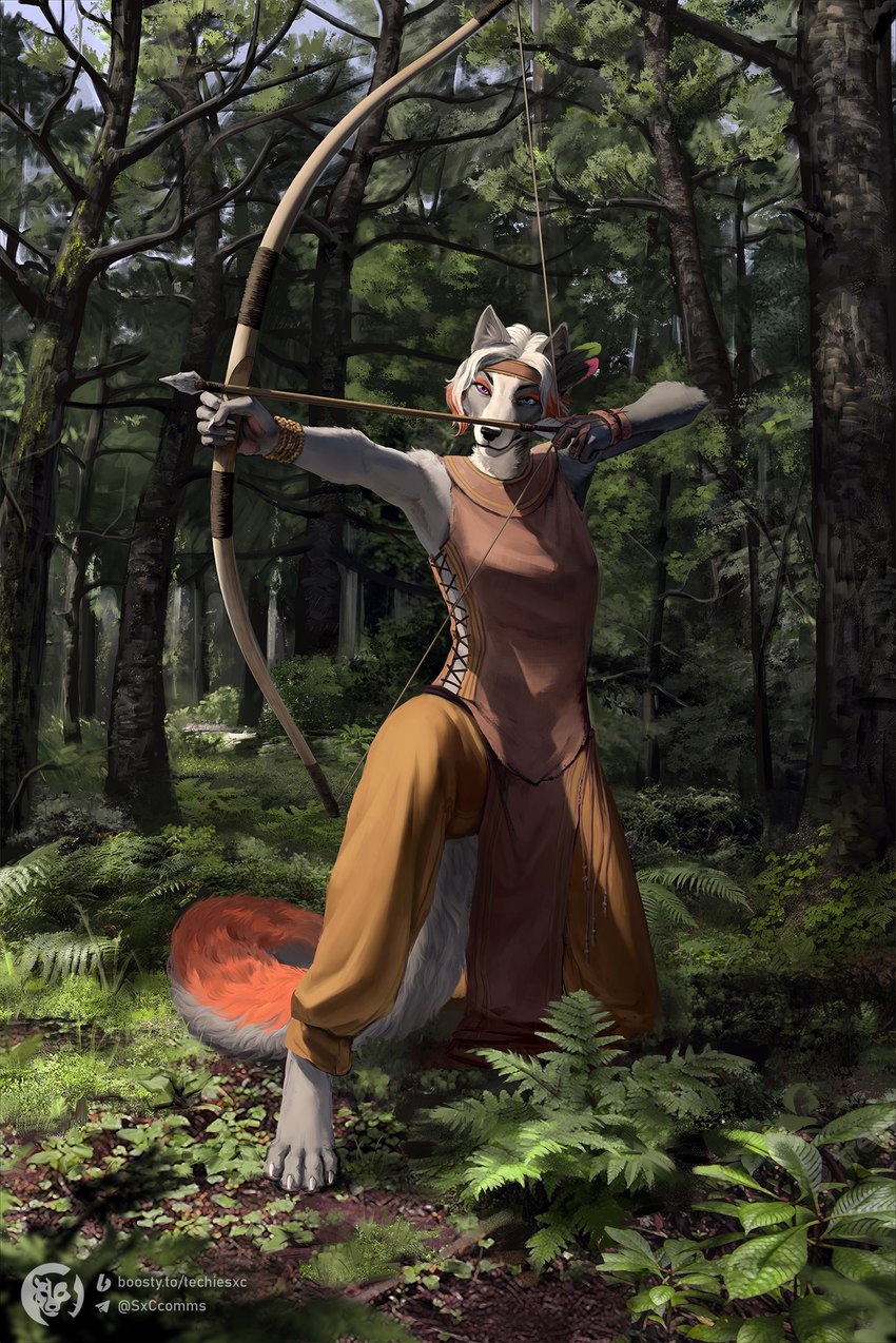 4_toes 5_fingers accessory aiming aiming_bow aiming_weapon anthro armor arrow_(weapon) barefoot black_eyebrows black_nose blue_eyes blue_sky bottomwear bow_(weapon) bracelet bracers brown_bottomwear brown_clothing brown_headband brown_loincloth brown_topwear claws clothed clothed_anthro clothed_female clothing crotch_apron day detailed_background eyebrows feather_in_hair feathers feet female female_anthro finger_claws fingers forest fully_clothed fully_clothed_anthro fully_clothed_female fur grey_body grey_fur hair hair_accessory headband heterochromia highlights_(coloring) holding_arrow holding_bow_(weapon) holding_object holding_ranged_weapon holding_weapon hunting jewelry kneeling light loincloth long_tail multicolored_body multicolored_fur nature on_one_knee orange_body orange_fur orange_highlights outside pants plant pupils purple_eyes ranged_weapon short_hair sky solo tail toe_claws toes topwear tree weapon white_body white_claws white_fur white_hair yellow_bottomwear yellow_clothing yellow_pants techiesxc canid canine canis mammal wolf digital_media_(artwork) full-length_portrait hi_res portrait