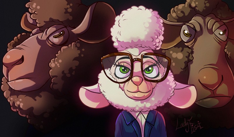 anthro brown_body brown_fur clothing eyewear female fur glasses group hair male pink_nose suit white_body white_fur white_hair wool_(fur) fiszi disney zootopia dawn_bellwether doug_ramses bovid caprine domestic_sheep mammal sheep hi_res