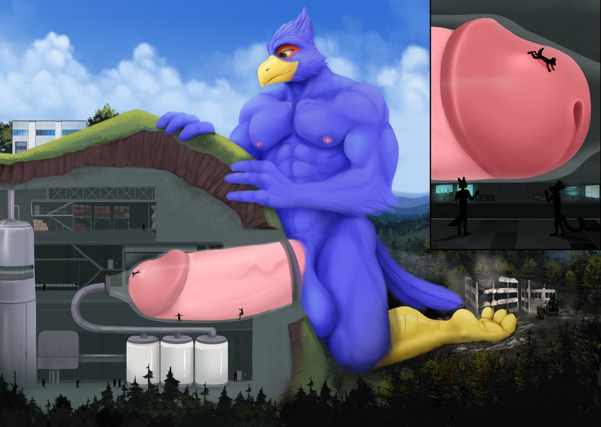 anthro beak big_penis blue_body facility genitals internal kneeling machine macro male milking_machine mountain penetration penile penis penis_milking solo tunnel worship blurthefur nintendo star_fox falco_lombardi avian bird absurd_res hi_res