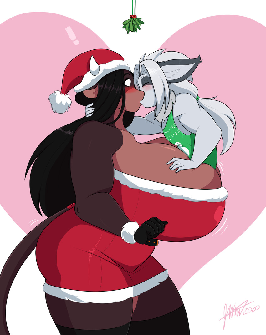 anthro big_breasts blush breasts christmas_clothing christmas_headwear clothing duo female hair hat headgear headwear holidays huge_breasts hyper hyper_breasts kiss_on_lips kissing lingonberry male plant santa_hat surprise_kiss jwinkz christmas shaze summer_(jwinkz) bovid bovine canid canine cattle mammal 2020 hi_res signature