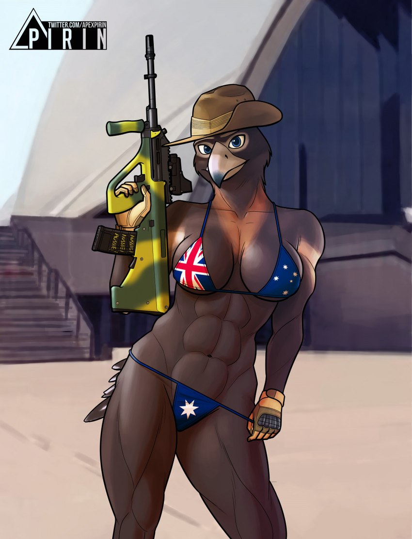 abs anthro assault_rifle australia australian_flag australian_flag_bikini beak bikini blue_eyes breasts brown_body building clothed clothing f88 female flag flag_bikini flag_print gloves gun handwear hat headgear headwear holding_gun holding_object holding_ranged_weapon holding_rifle holding_weapon landmark looking_at_viewer muscular muscular_anthro muscular_female navel non-mammal_breasts outside pecs pecs_with_breasts print_bikini print_clothing print_swimwear ranged_weapon rifle slouch_hat solo standing steyr_aug string_bikini swimwear text trigger_discipline two-piece_swimsuit weapon pirin-apex accipitrid accipitriform avian bird eagle hi_res url