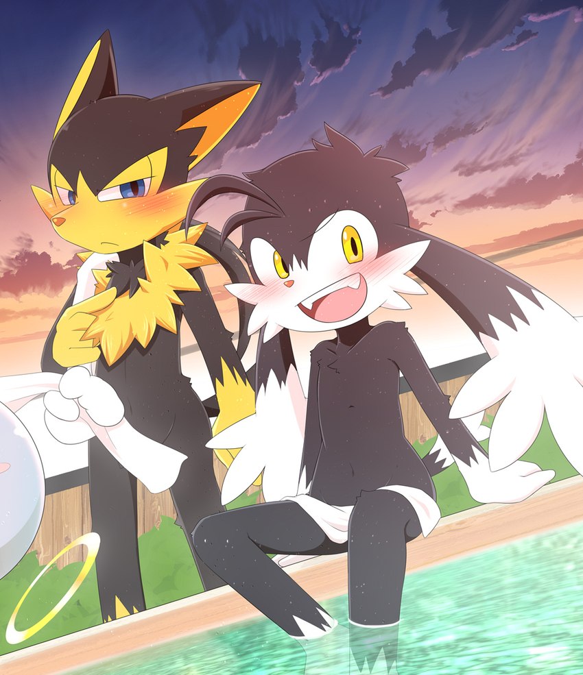 anthro black_body black_fur blue_eyes blush bodily_fluids cloud convenient_censorship evening floating_hands fur group hot_spring male sky smile sweat towel trio water white_body white_fur yellow_body yellow_eyes yellow_fur young young_anthro ahirulion bandai_namco klonoa_(series) guntz huepow klonoa canid canine canis domestic_cat felid feline felis mammal sphere_creature spirit wolf hi_res