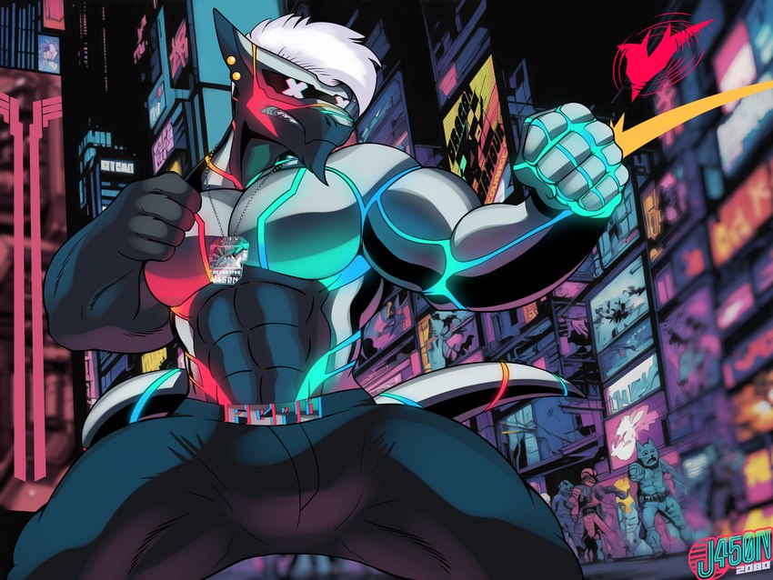 anthro bulge city cyberpunk cyberware detective fight male muscular night police solo j450n2080 mythology dragon mythological_creature mythological_scalie scalie 4:3 absurd_res hi_res