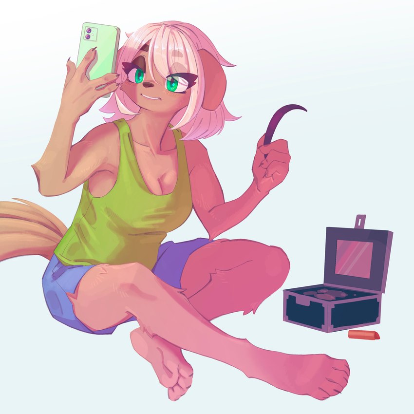 anthro barefoot bottomwear breasts cellphone cleavage clothed clothing electronics eyebrow_through_hair eyebrows feet female green_eyes hair makeup phone shorts simple_background sitting smartphone solo translucent translucent_hair white_background kemari lime_(kemari) canid canine canis domestic_dog mammal 1:1 absurd_res hi_res