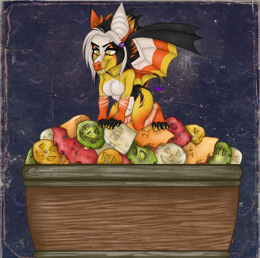 anthro basket breasts candy chibi container corn dessert featureless_breasts female food fruit holidays kneeling membrane_(anatomy) membranous_wings multicolored_body plant pupils slit_pupils smile solo text wings yellow_eyes thehuntingwolf halloween bundadingy bundy bat mammal 2020 absurd_res digital_media_(artwork) english_text hi_res