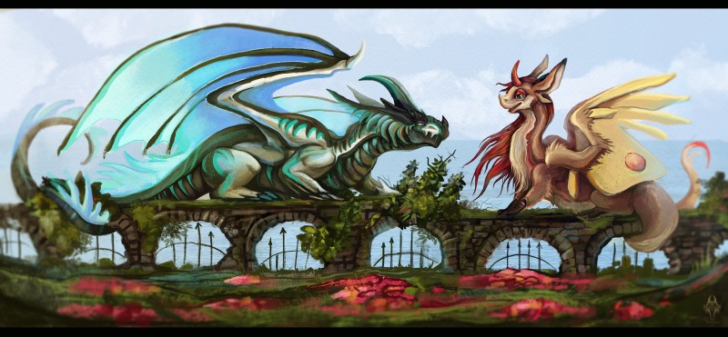 bridge claws duo feral fur long_tail petals plant size_difference tail water wings reskaro asian_mythology east_asian_mythology european_mythology mythology kahjal dragon eastern_dragon furred_dragon furred_scalie mythological_creature mythological_scalie scalie western_dragon hi_res letterbox