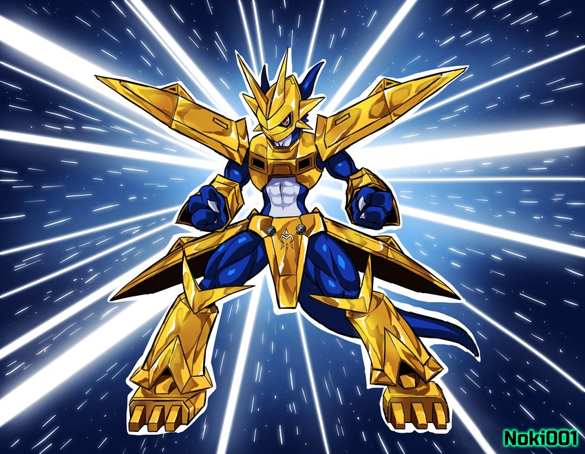 3_fingers abs abstract_background ambiguous_gender anthro armor arthropod_abdomen blue_background blue_body bright_light fingers fist gold_(metal) gold_armor headgear helmet muscular red_eyes simple_background solo standing white_abdomen wide_stance noki001 bandai_namco digimon digimon_(species) magnamon absurd_res hi_res