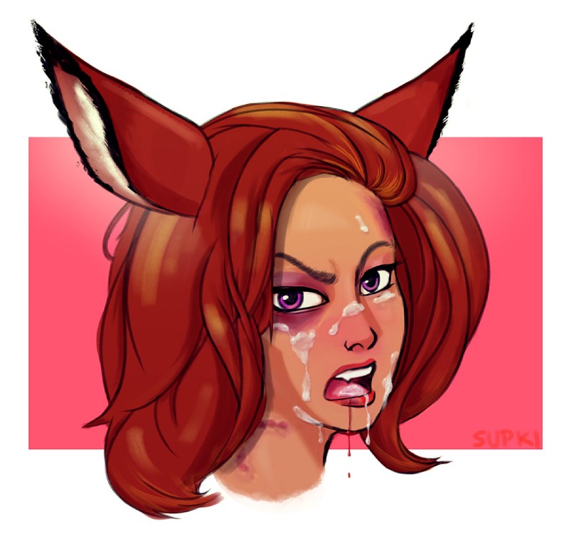 angry bite bite_mark blood bodily_fluids brown_hair bruised cum cum_in_mouth cum_inside cum_on_face female genital_fluids hair looking_at_viewer open_mouth purple_eyes simple_background solo supki artemis_(temixart) animal_humanoid canid canine fox humanoid mammal headshot_portrait portrait