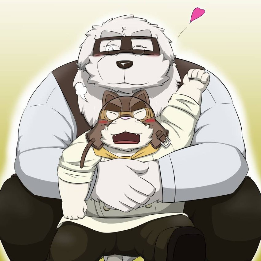 anthro belly big_belly black_nose blush duo eyes_closed heart_symbol hug hugging_another hugging_from_behind humanoid_hands kemono male male/male overweight overweight_male sitting size_difference white_body emufu canid canine canis domestic_dog mammal big_body 1:1 2022