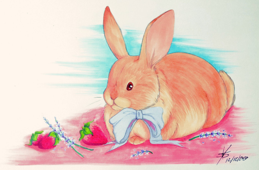 ambiguous_gender brown_body brown_fur feral flower food fruit fur lavender_(flower) plant ribbons simple_background solo strawberry thiccazthieves lagomorph leporid mammal rabbit hi_res