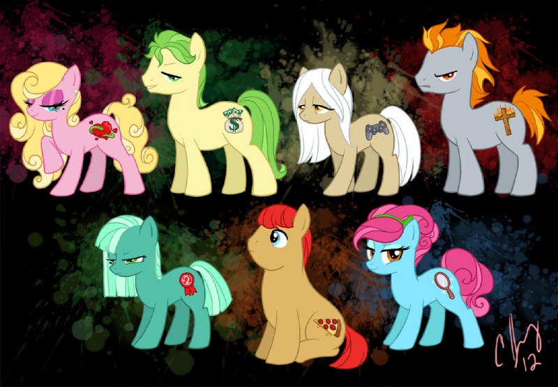 abstract_background alternate_species amber_eyes angry blonde_hair blue_eyes cutie_mark female gluttony greed green_eyes green_hair group hair jealous looking_at_viewer lust male pink_hair ponification quadruped simple_background sloth_(sin) tail white_hair candy_palmer hasbro my_little_pony seven_deadly_sins equid equine horse mammal pony 2012