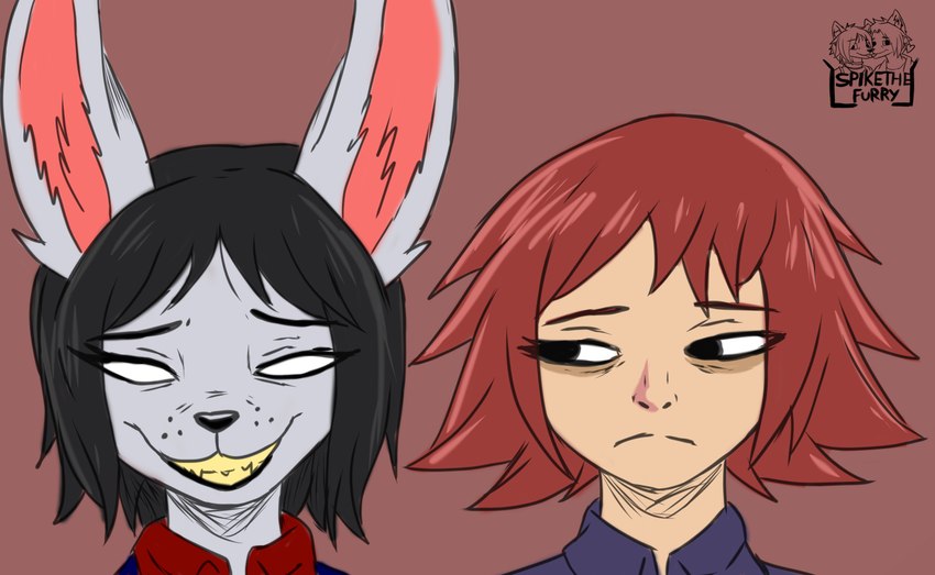 anthro black_hair black_nose duo female female/female fur grey_body grey_fur hair red_hair smiley_face spike_the_furry human lagomorph leporid mammal rabbit hi_res