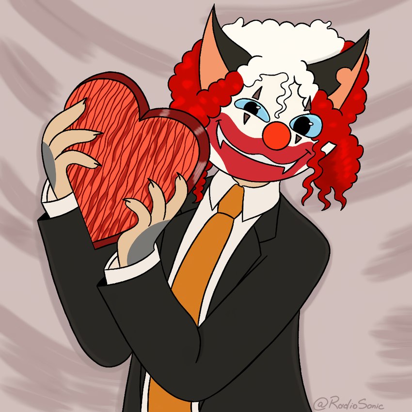 anthro blue_eyes clothed clothing clown clown_makeup clown_nose hair happy heart_symbol holidays insane love makeup male necktie red_hair simple_background solo suit white_hair wig radiosonic94 lackadaisy valentine's_day rocky_rickaby domestic_cat felid feline felis humanoid mammal 1:1 hi_res