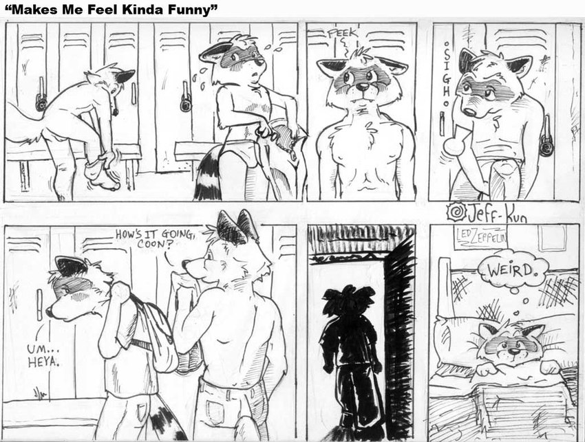 anthro backsack balls bed being_watched briefs briefs_around_one_leg butt clothed clothing clothing_around_one_leg dialogue dressing furgonomics furniture genitals group inside locker locker_room looking_at_another male male/male nude partially_clothed rear_view standing tail tail_clothing text thought_bubble tighty_whities topless underwear underwear_around_one_leg underwear_down undressing white_briefs white_clothing white_underwear leafdog closet_coon led_zeppelin aiden_harris colin_young canid canine fox mammal procyonid raccoon 2002 comic english_text monochrome