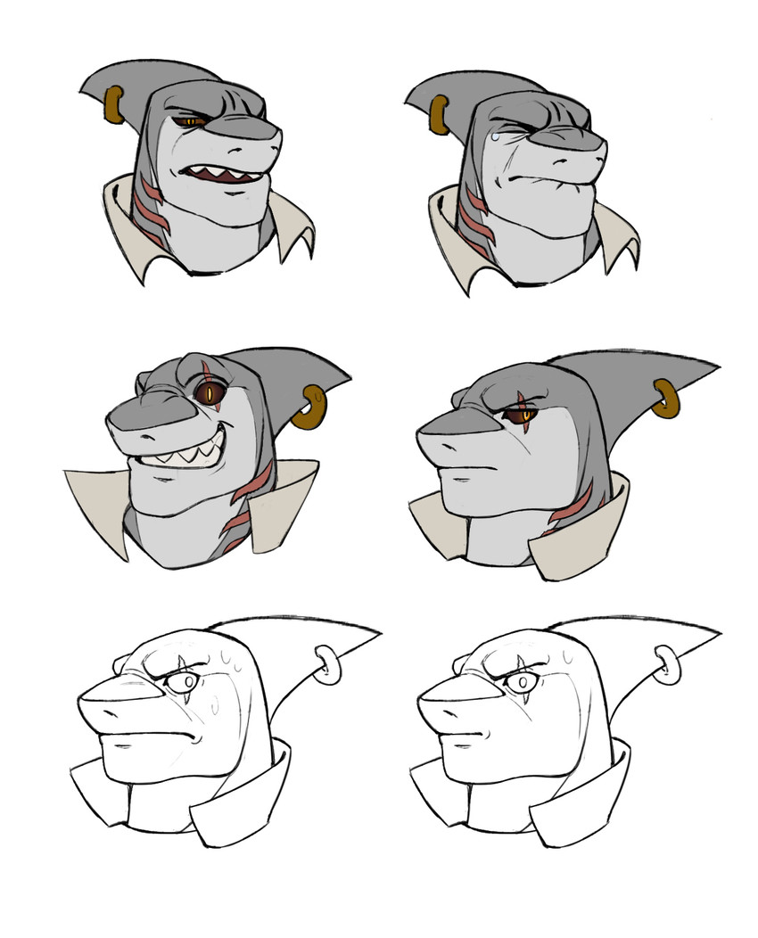 anthro bodily_fluids brown_sclera crying frill_(anatomy) frill_piercing frill_ring furgonomics furry-specific_piercing gills grey_body grin head_crest head_frill looking_at_viewer male male_anthro mouth_closed narrowed_eyes open_mouth piercing ring_piercing simple_background smile solo tears white_background white_body wide_eyed yellow_eyes edvardiko fish marine shark hi_res