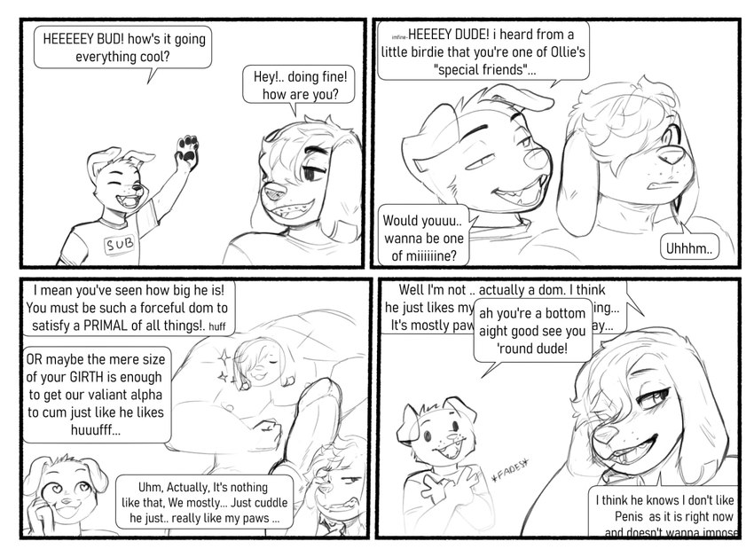 anthro border braces clothed clothing dialogue duo eyebrows fingers floppy_ears genitals hair intraspecies male male/male open_mouth open_smile pawpads smile speech_bubble text white_border bastionshadowpaw chris_(bastionshadowpaw) canid canine canis domestic_dog mammal comic english_text monochrome