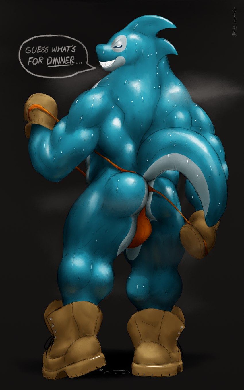 anthro biceps blue_body blue_eyes blue_skin bodily_fluids boots boots_only breath_fog bulge butt clothing flipper_hands footwear footwear_only gloves grin handwear leather male mostly_nude muscular musk orange_clothing orange_thong orange_underwear shoes shoes_only smile solo speech_bubble sweat text thong underwear tjloog disney lilo_and_stitch fan_character wake alien experiment_(lilo_and_stitch) fish humanoid marine shark 5:8 english_text hi_res