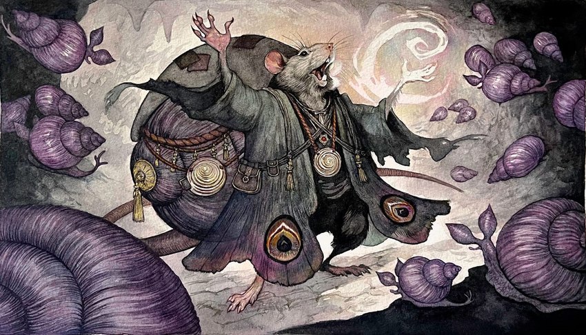 anthro barefoot buckteeth cloak clothing feet fur gastropod_shell grey_body grey_fur jewelry magic male mollusk_shell necklace pendant raised_arms shell solo spiral standing teeth whiskers audrey_benjaminsen hasbro magic:_the_gathering wizards_of_the_coast wick_(magic:_the_gathering) gastropod mammal mollusk murid murine rat rodent snail 2024 official_art story story_in_description traditional_media_(artwork)