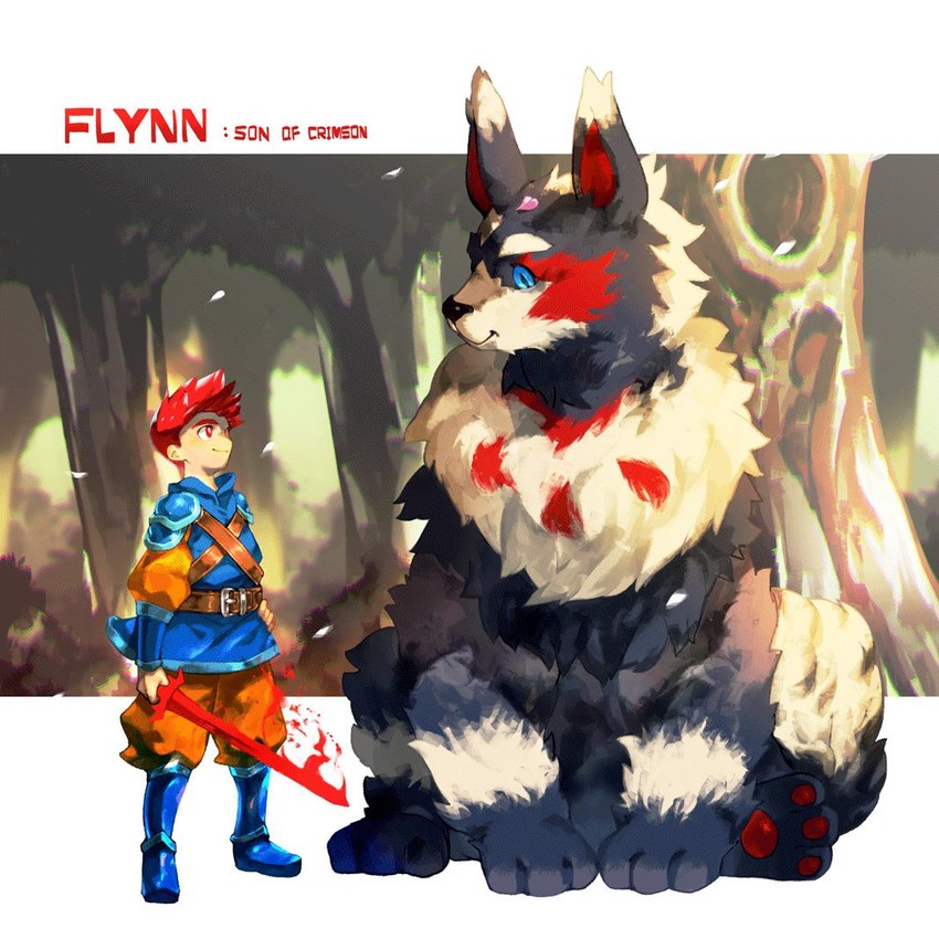 blue_eyes duo female feral gentle_giant hair interspecies male male/female red_eyes red_hair size_difference text suteetsu flynn:_son_of_crimson dex_(fsoc) flynn_(fsoc) canid canine canis domestic_dog human mammal 1:1 copyright_name