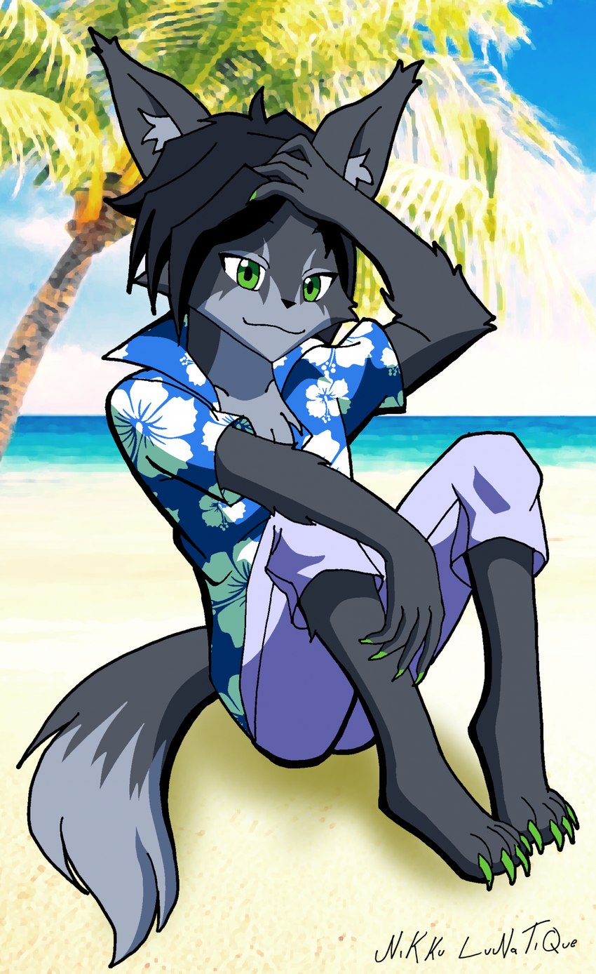 aloha_shirt anthro beach black_body black_fur black_hair blue_clothing chest_tuft claws clothing fur green_claws green_eyes hair hand_on_head inner_ear_fluff looking_at_viewer male palm_tree pattern_clothing pattern_shirt pattern_topwear plant sand sea shirt short_hair sitting smile solo topwear tree tuft water nikku_lunatique mika_(nikku_lunatique) canid canine canis mammal wolf absurd_res hi_res