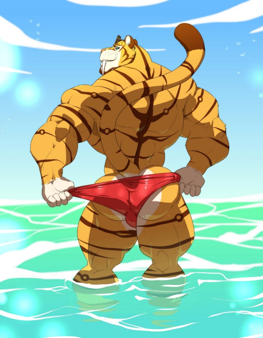 anthro back_muscles brown_stripes butt clothed clothing deltoids eyewear eyewear_on_head fangs forearm_muscles fur gloves_(marking) green_eyes legs_in_water looking_at_viewer looking_back looking_back_at_viewer male markings muscular muscular_anthro muscular_butt muscular_male muscular_thighs outside partially_submerged rear_view red_clothing red_speedo red_swimwear sabertooth_(anatomy) sky solo speedo speedo_only standing_in_water striped_body striped_fur stripes sunglasses sunglasses_on_head swimwear teeth topless triceps water yellow_body yellow_fur kartos caleb_(floofninja) felid mammal prehistoric_species saber-toothed_tiger 2018 hi_res