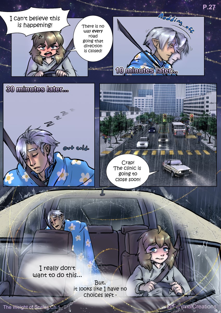 bedding blanket blonde_hair blue_eyes car dialogue driving duo female hair inside_car inside_vehicle male not_furry raining sleeping text vehicle white_hair yellow_eyes fanimal_creations the_weight_of_scales drake_(the_weight_of_scales) iris_(the_weight_of_scales) human humanoid mammal absurd_res comic english_text hi_res