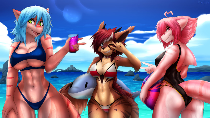 5_fingers anthro backless_clothing backless_swimsuit bikini blue_hair breasts brown_body brown_fur brown_hair clothed clothing cloud day detailed_background eyebrows eyelashes female fin fingers fur green_eyes group hair midriff navel non-mammal_breasts one-piece_swimsuit open_mouth outside pink_hair sky smile swimwear teeth tongue two-piece_swimsuit xaenyth shrimp_(uk_brony) felid feline fish mammal marine shark 16:9 2020 4k absurd_res digital_media_(artwork) hi_res widescreen