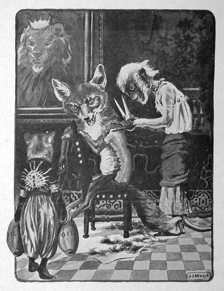 anthro biped blade_shears chair clothed clothing crown digitigrade ear_piercing ear_ring female furniture group headgear holding_object inside king male on_chair picture_frame piercing ring_piercing royalty shaving sitting sitting_backwards sitting_on_chair solo standing text joseph_jacinto_mora public_domain king_noble reynard_the_fox canid canine felid fox haplorhine lion mammal monkey pantherine primate red_fox true_fox 1920 20th_century ancient_art english_text greyscale hi_res monochrome picture_in_picture signature traditional_media_(artwork)