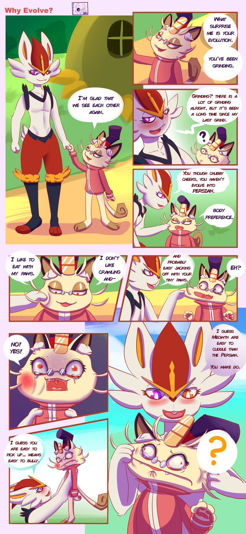 anthro bodily_fluids clothed clothing dialogue duo eyewear glasses heterochromia male pinching_cheeks tears text asderzx nintendo pokemon emporio_candycorn_(asderzx) lee_the_meowth_(asderzx) cinderace generation_1_pokemon generation_8_pokemon meowth pokemon_(species) absurd_res comic english_text hi_res