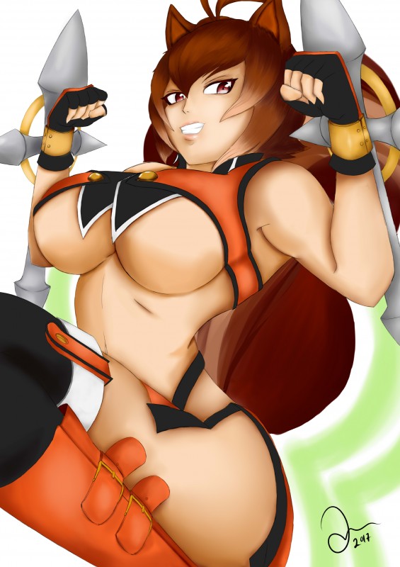 breasts female looking_at_viewer solo split_skirt under_boob weapon thebig-z arc_system_works blazblue makoto_nanaya animal_humanoid humanoid mammal mammal_humanoid rodent rodent_humanoid sciurid sciurid_humanoid tree_squirrel_humanoid absurd_res hi_res