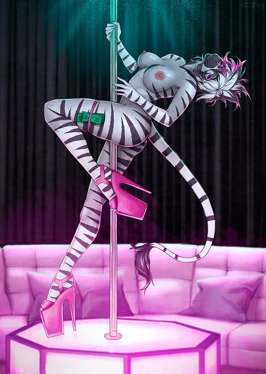 acrobatics alternate_species anthro bar breasts clothing dancing female footwear high_heels money mostly_nude nipples pole pole_dancing shoes solo strip_club striptease tail thong underwear hetomy ellis_amare equid equine mammal zebra hi_res