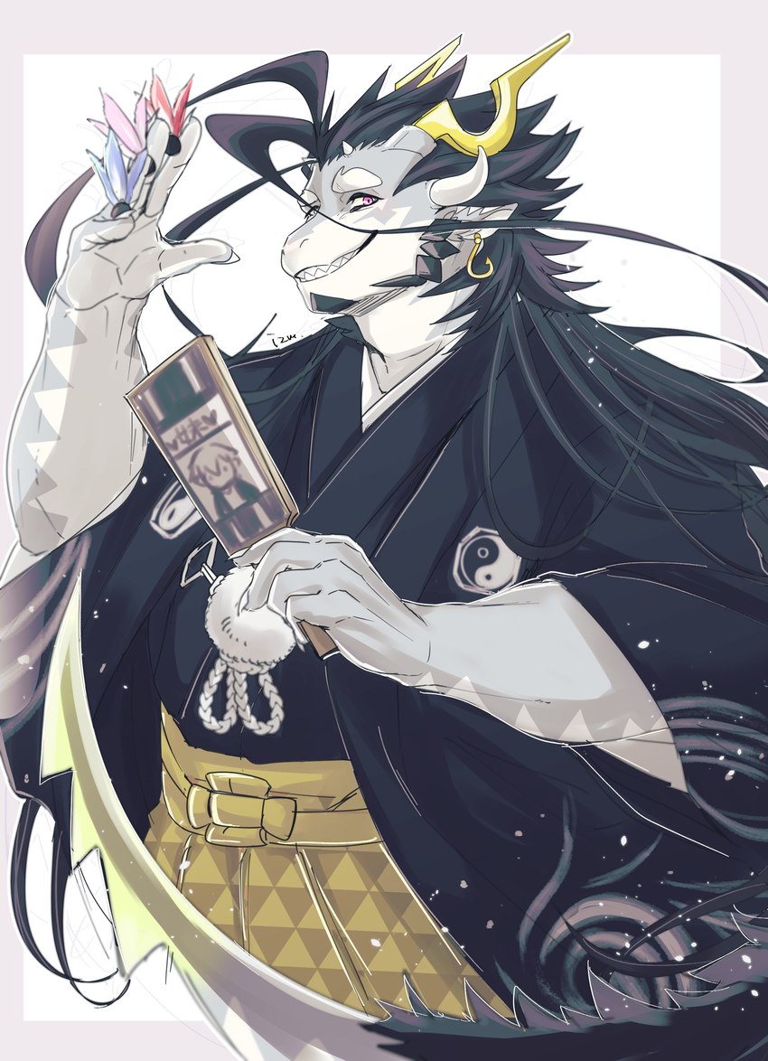 anthro asian_clothing black_hair clothing ear_piercing ear_ring east_asian_clothing grey_body hair horn japanese_clothing kimono long_hair male muscular muscular_anthro muscular_male pecs piercing ring_piercing solo izm_rm7 chinese_zodiac lifewonders mythology new_year_2024 tokyo_afterschool_summoners year_of_the_dragon fuxi_(tas) protagonist_(tas) twink_protagonist_(tas) dragon mythological_creature mythological_scalie scalie absurd_res digital_media_(artwork) hi_res