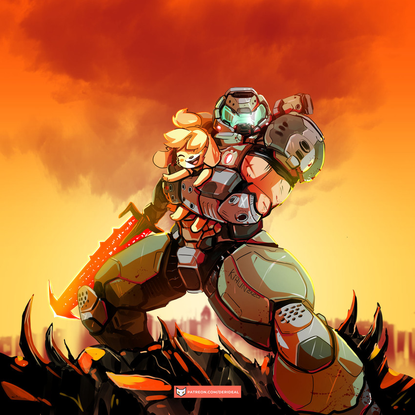 doom slayer and isabelle (animal crossing and etc) created by kiaun